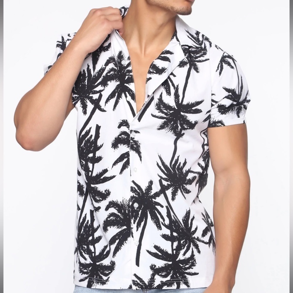 Vacation, men short sleeve, woven top black and white